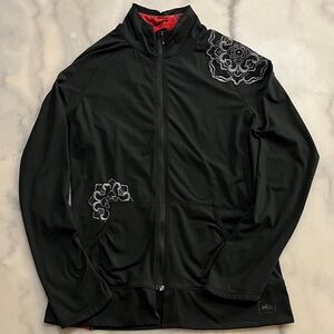 REI Women's Black and Red Athletic Jacket with Floral Embroidery